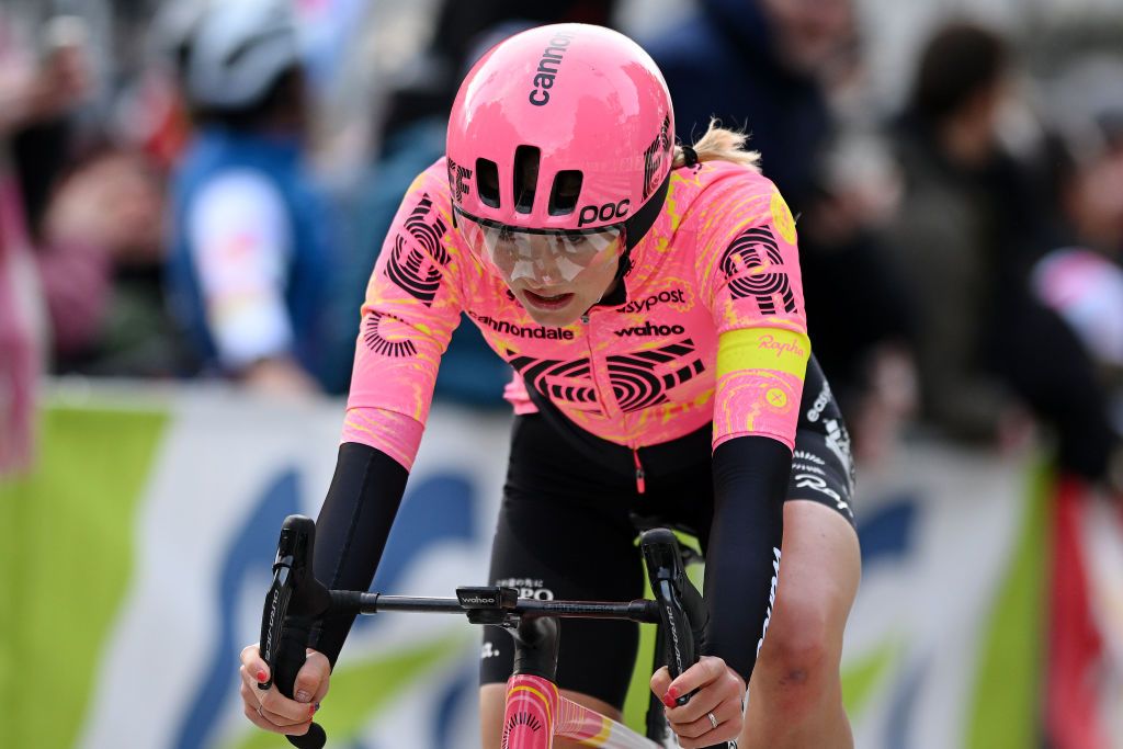 LIEGE BELGIUM APRIL 24 Kim Cadzow of New Zealand and Team EF EducationCannondale crosses the finish line during the 8th Liege Bastogne Liege Femmes 2024 a 1529km one day race from Bastogne to Liege UCIWWT on April 24 2024 in Liege Belgium Photo by Dario BelingheriGetty Images