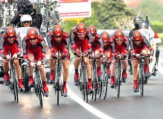The BMC Racing Team battles crosswinds during the team time trial.