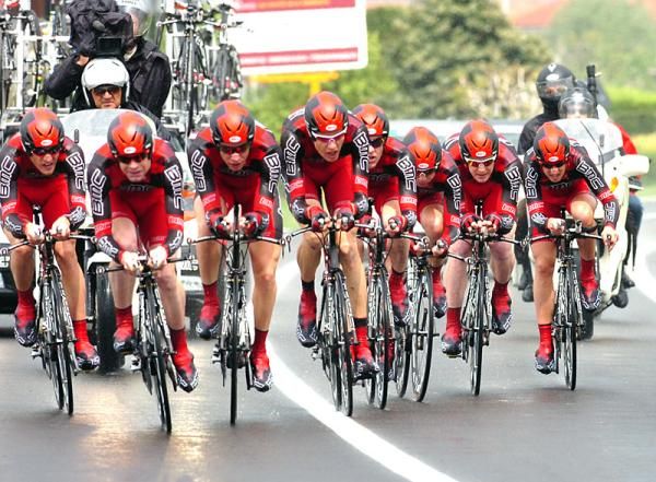 The BMC Racing Team battles crosswinds during the team time trial.