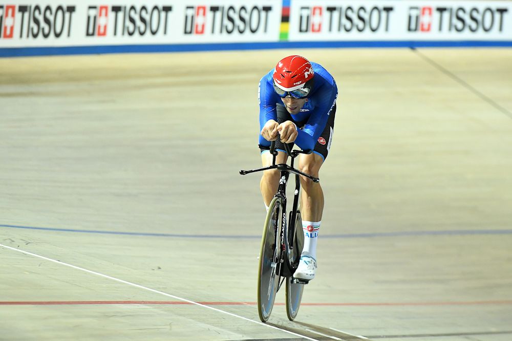 Filippo Ganna competes in the men's individual pursuit race final during the UCI Track Cycling World Championships