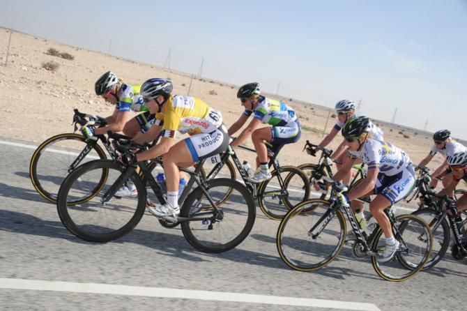 Race leader Chloe Hosking (Hitec Products UCK) swamped by Orica-AIS riders