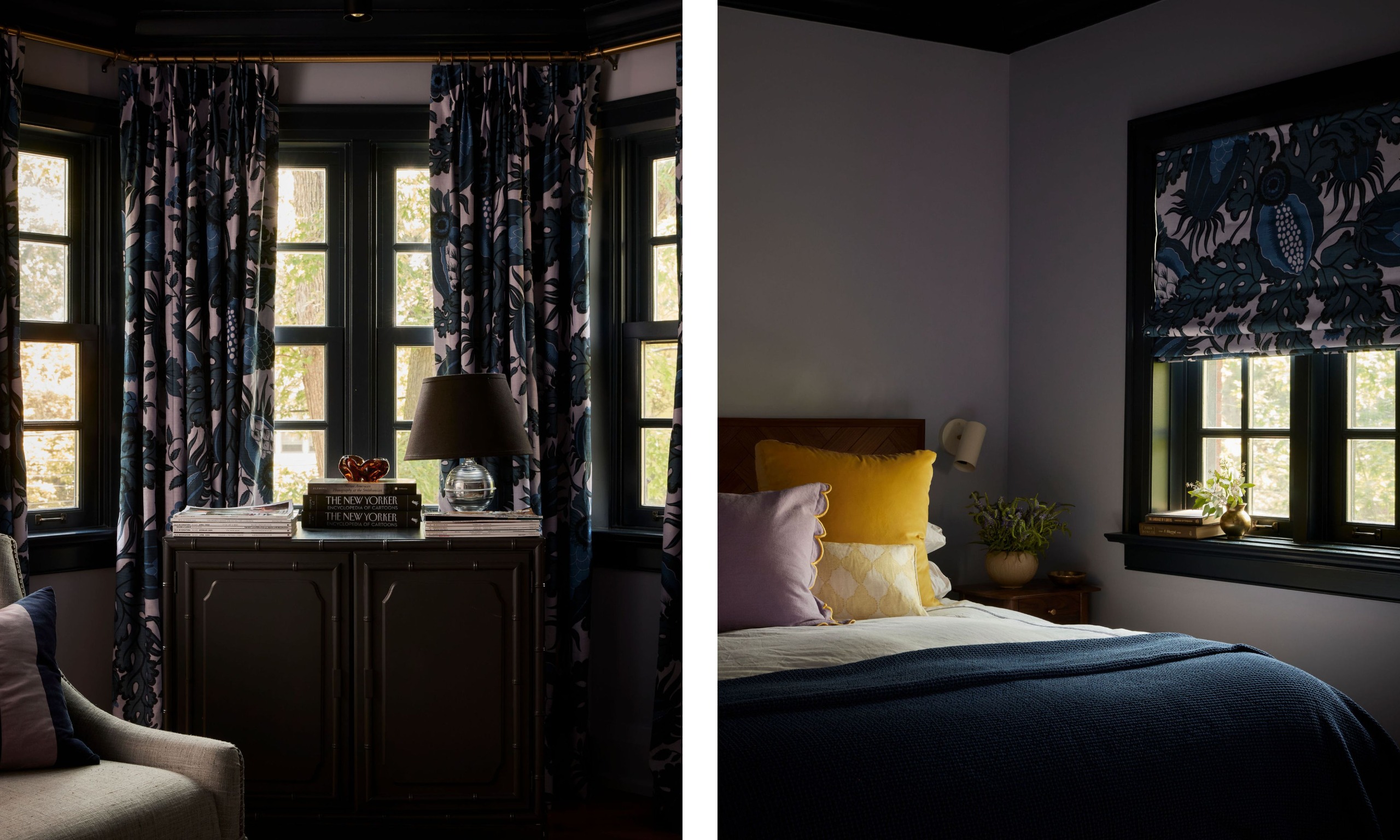 Two images of a dark and moody bedroom with muted gray-blue walls and dark blue trim. A bed with a dark blue throw and pink and yellow cushions. Blue floral window treatments and a large wooden chest of drawers.