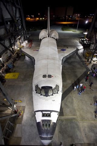 Endeavour in Vehicle Assembly Building, High Angle