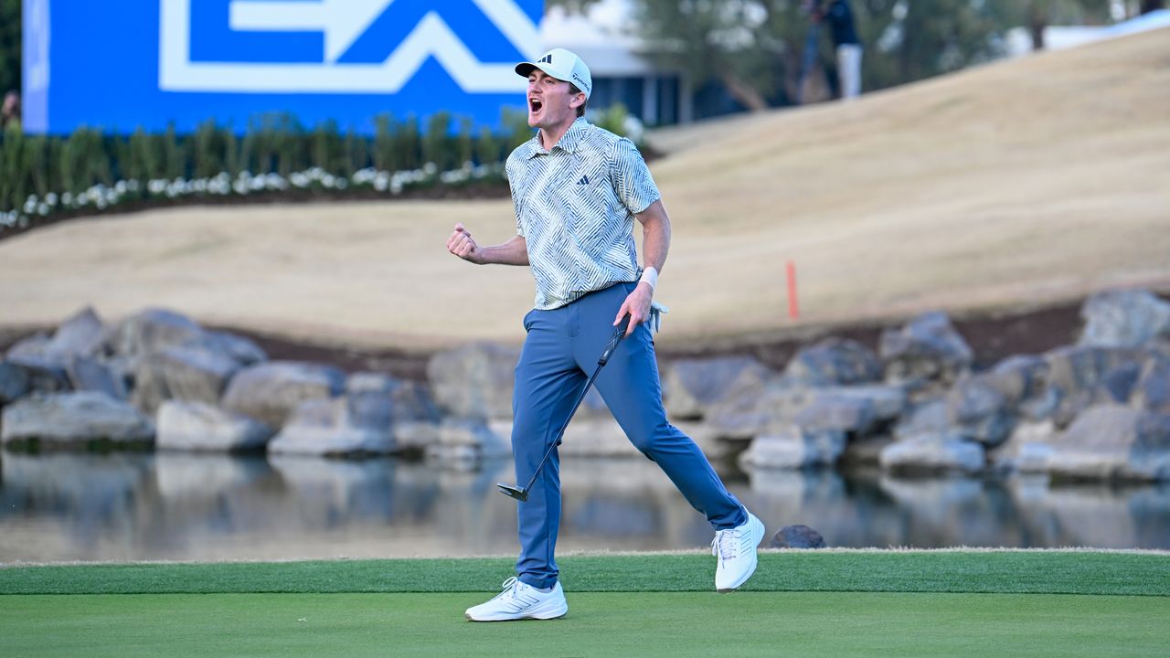 College sophomore Nick Dunlap celebrates his winning putt at the 2024 American Express