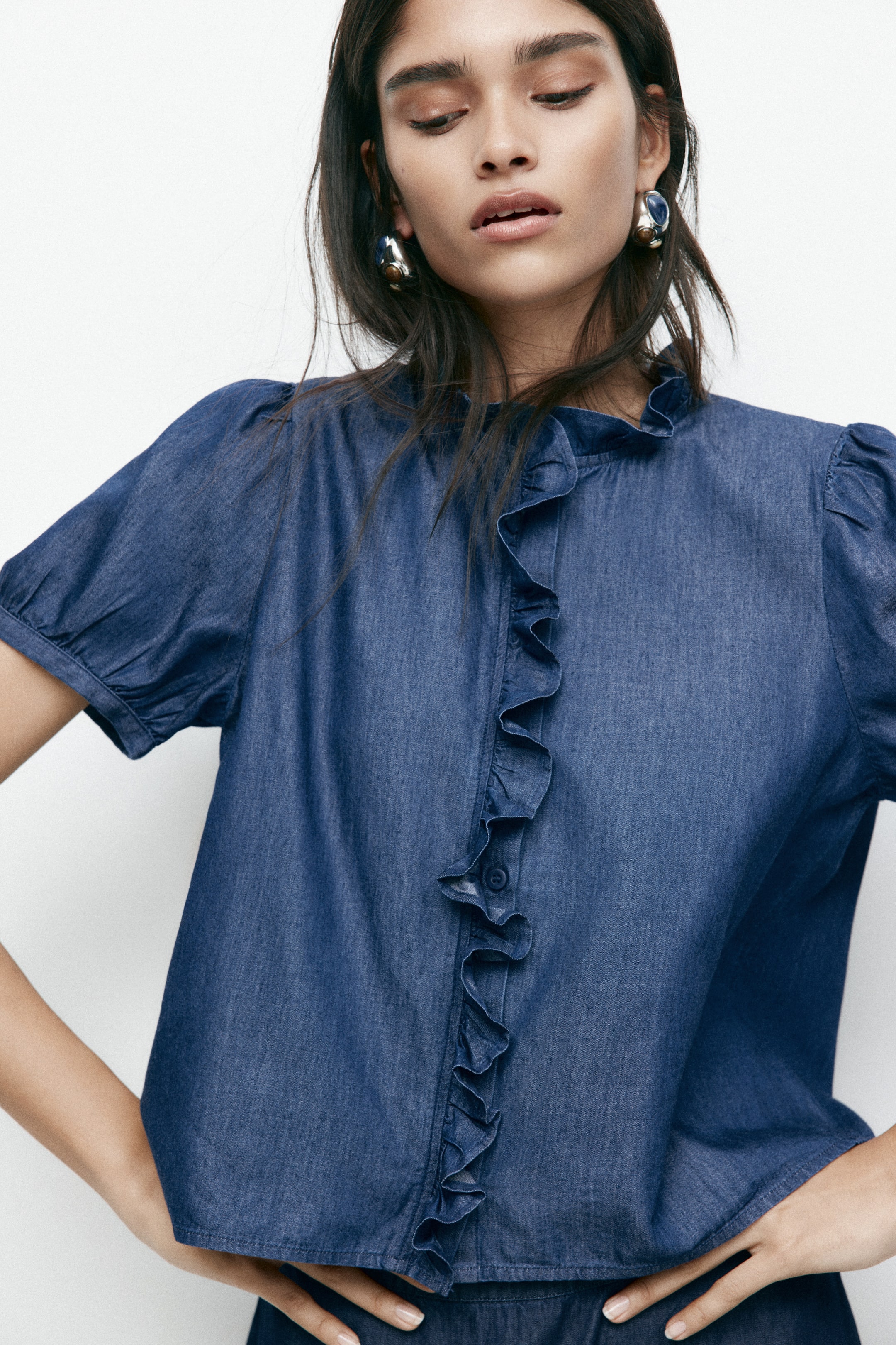 Frill-Trimmed Denim Blouse