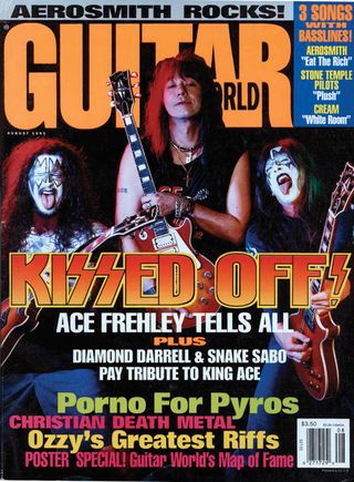 (from left) Dimebag Darrell, Ace Frehley, and Snake Sabo adorn the cover of the August 1993 issue of Guitar World