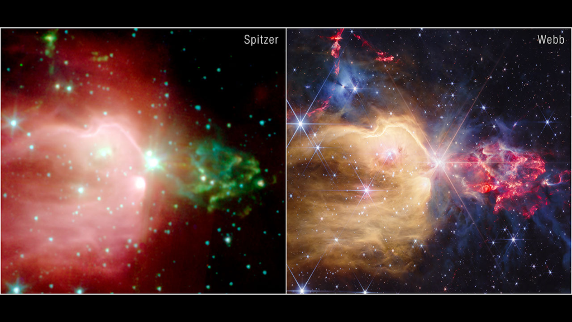 A comparison image showing Spitzer vs JWST's images of NGC 7129.