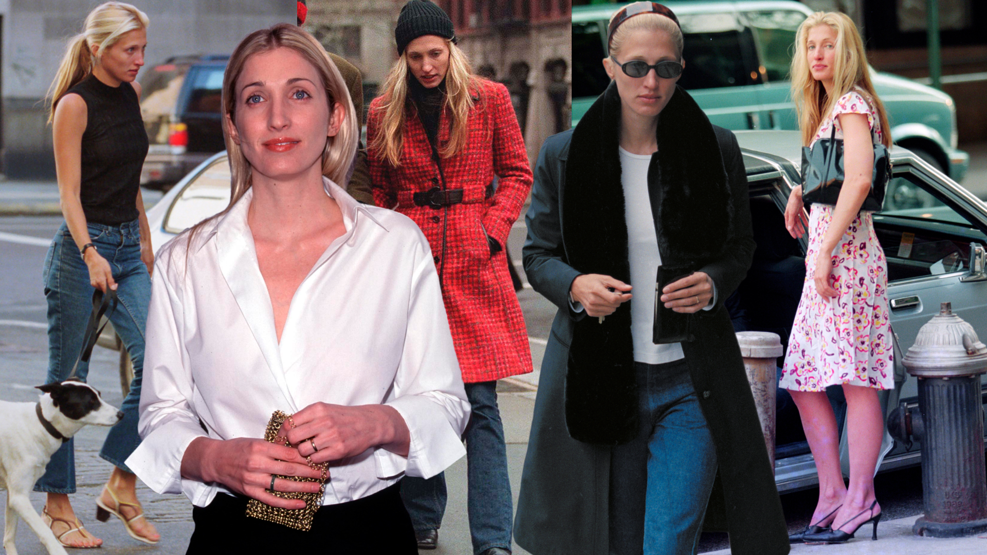 a collage of Carolyn Bessette Kennedy wearing different tops out in New York City