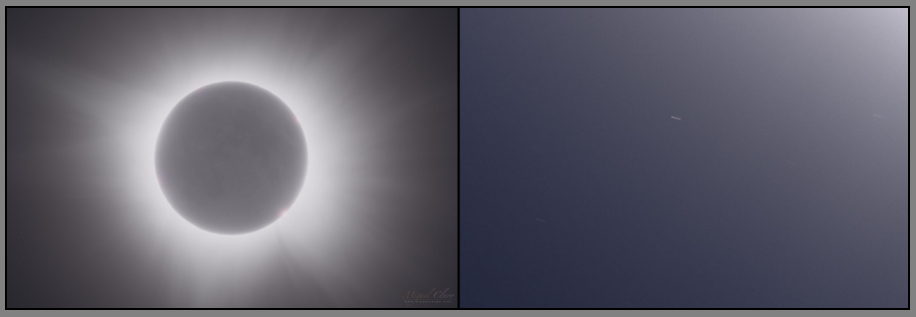 A two-paneled image. On the left, a dimly shadowed moon blocks the sun as eruptions of light stretch from the starry body behind the Earth satellite. On the right, a hazy image vigneting from white to black from the upper right to lower left.