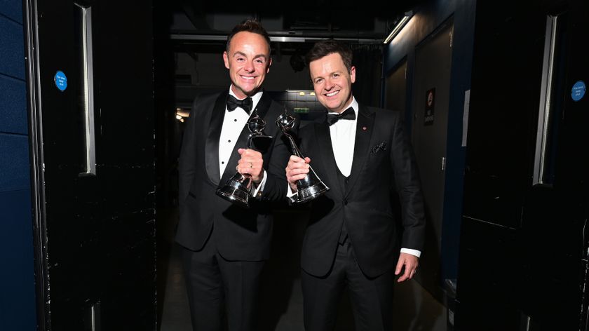 Ant McPartlin and Declan Donnelly pose with the Bruce Forsyth and TV Presenter backstage during the NTAs 2024 at The O2 Arena on September 11, 2024 in London, England.