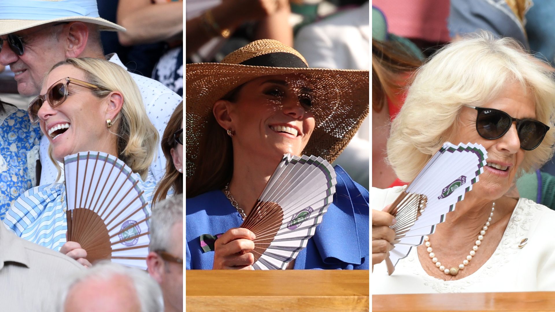 A composite of pictures of Zara Tindall, Kate Middleton and Queen Camilla all using concertina fans at Wimbledon on different occasions