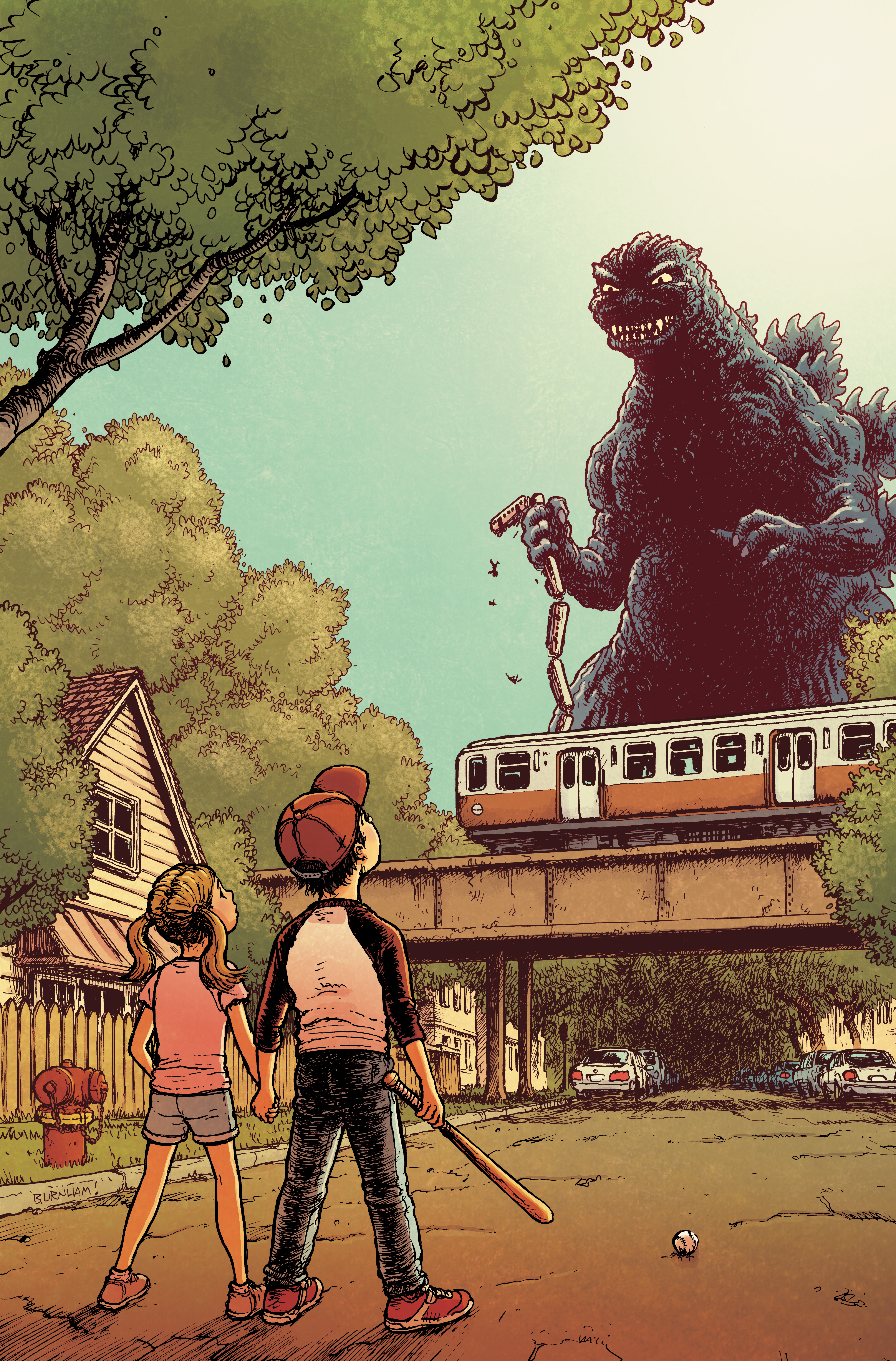 Kids watch on as Godzilla towers over them on Chris Burnham's 1:50 variant cover for Godzilla vs. America: Chicago #1.