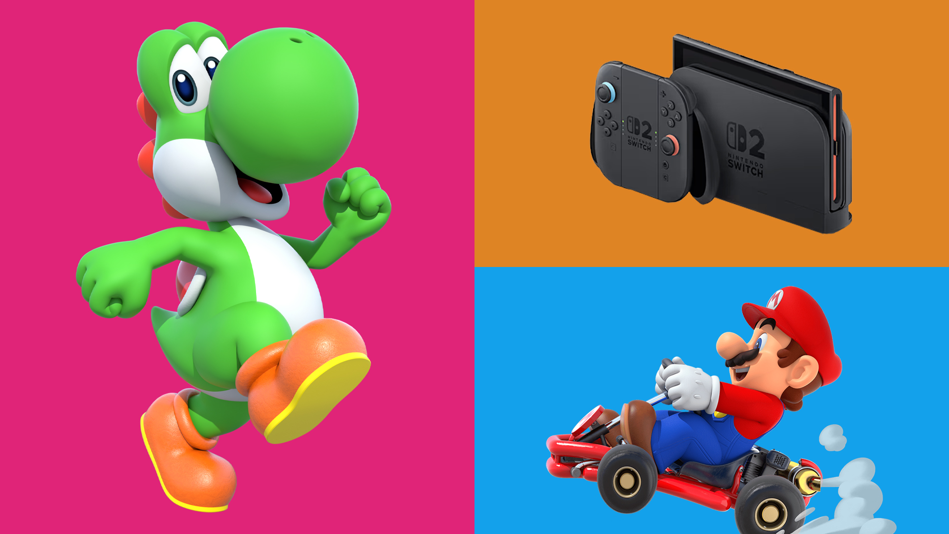 Various Nintendo Super Mario characters as the Nintendo Switch 2 console in three boxes of colour. 