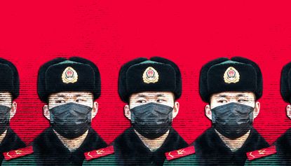 Chinese police officer in face mask.