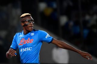 Victor Osimhen of Napoli, wearing a protective mask, reacts during the Serie A match against Roma at the Stadio Diego Armando Maradona in Naples, Italy, April 2022.