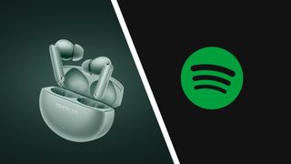 OnePlus Buds 4 next to an image of the Spotify logo 