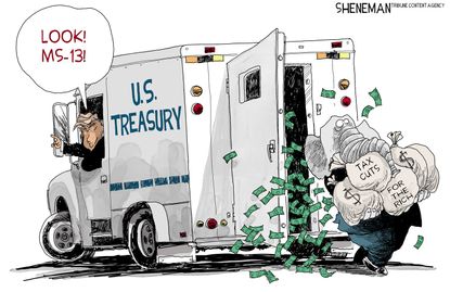 Political cartoon U.S. MS-13 Trump treasury tax cuts diversion GOP money grab