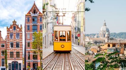 a collage of three of the best European city breaks, featuring houses in Amsterdam, a tram in Lisbon and a cityscape in Florence.
