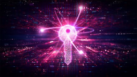 Pink cryptographic key graphic in front of code