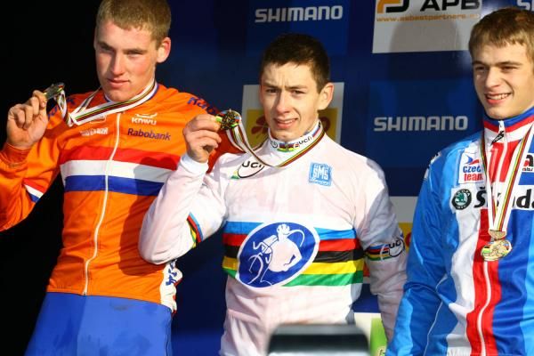 The Under 23 men's podium: Mike Teunissen (Netherlands), Lars van der Haar (Netherlands) and third placed Karel Hnik (Czech Republic)