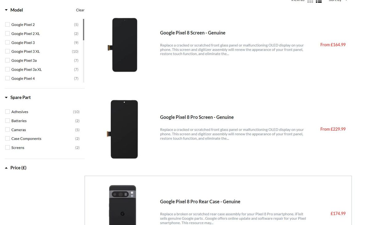 Components of Google pixel 8 series phones from iFixit website