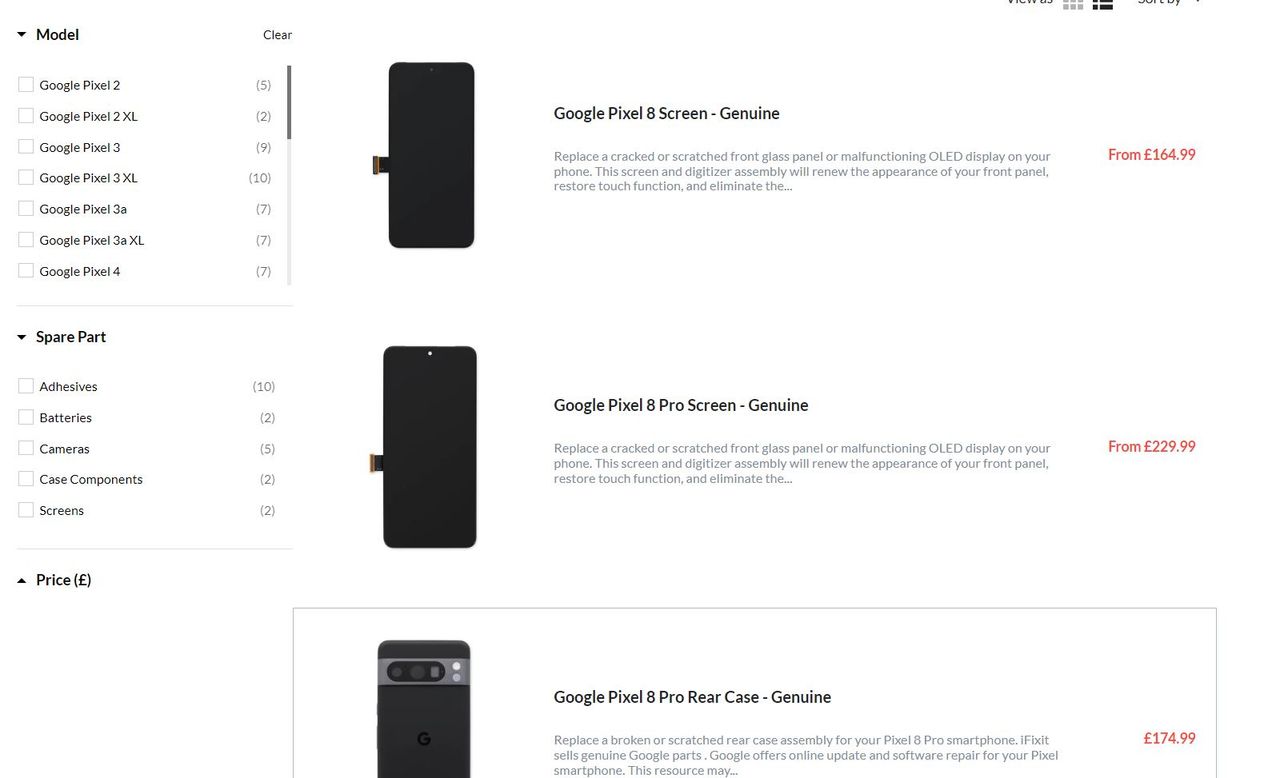 Components of Google pixel 8 series phones from iFixit website
