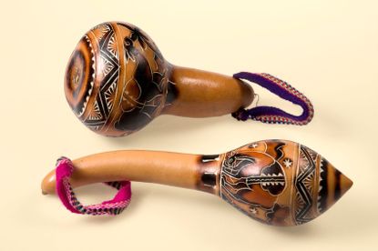 Two Dried Gourd Maracas With Designs
