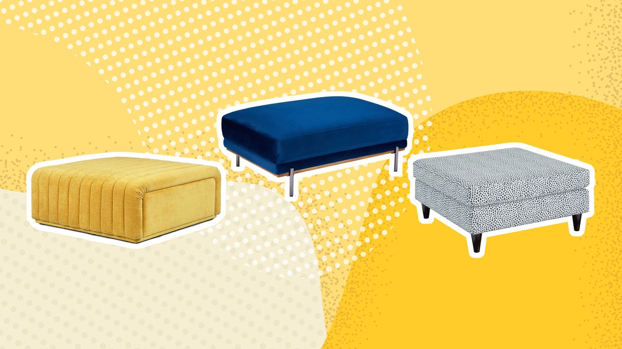 A trio of coffee table ottomans on yellow graphic background