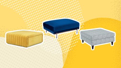 A trio of coffee table ottomans on yellow graphic background