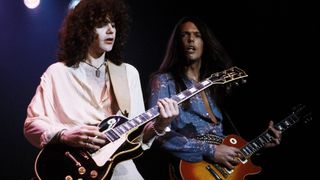 WEMBLEY EMPIRE POOL Photo of Scott GORHAM and Brian ROBERTSON and THIN LIZZY, Brian Robertson & Scott Gorham performing live onstage, playing Gibson Les Paul guitars