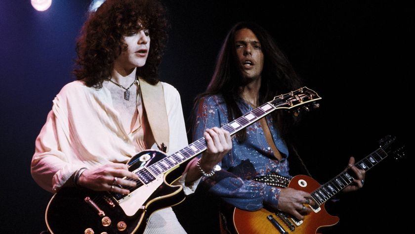 WEMBLEY EMPIRE POOL Photo of Scott GORHAM and Brian ROBERTSON and THIN LIZZY, Brian Robertson &amp; Scott Gorham performing live onstage, playing Gibson Les Paul guitars