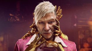 Far Cry 6 Pagan Min character with gold hands clutching his face