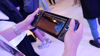 Asus ROG Ally X gaming handheld at an event in Taipei, Taiwan.