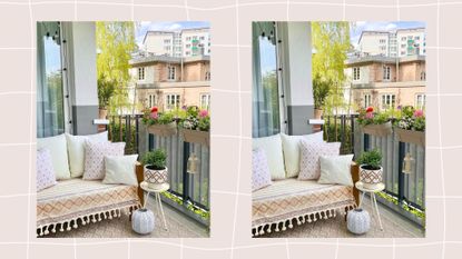 Boho balcony with white cushions and couch