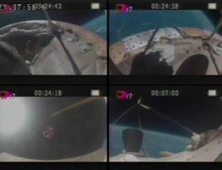 This four-camera view from NASA's "flying saucer," the Low-Density Supersonic Decelerator, shows different views from the craft during its June 8 launch to test Mars landing technology. The craft's inflatable air brake inflated, but its parachute (lower left) failed to deploy properly.
