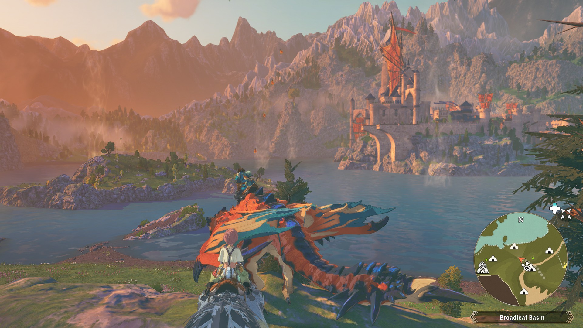 Riding a monster near a lakeview expanse in Monster Hunter Stories 3.