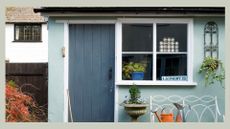 Garden shed with a blue door with paint pots in the window to show how to declutter a shed