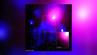 Scientists have spotted an extremely powerful explosion in the Ophiuchus galaxy cluster, which is located about 390 million light years from Earth. Here, a composite showing the area in X-ray, infrared and radio wavelengths. 
