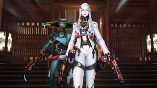 Overwatch tier list: Shion and Mizuki walking towards the camera with their weapons drawn by their side.
