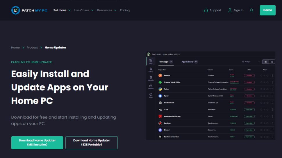 Website screenshot of Patch My PC Home Updater (August, 2025)
