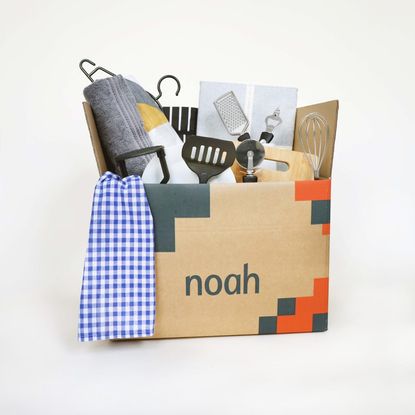 A small Noah's box kit and items it contains on a wooden kitchen counter
