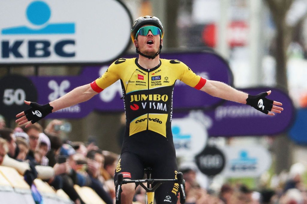 Netherlands Dylan Van Baarle of JumboVisma celebrates after victory in the 78th edition of the mens oneday cycling race Omloop Het Nieuwsblad 2073kms from Ghent to Ninove on February 25 2023 Photo by KURT DESPLENTER Belga AFP Belgium OUT Photo by KURT DESPLENTERBelgaAFP via Getty Images