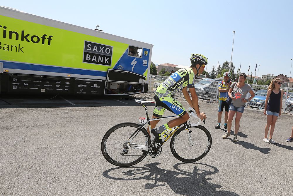 Alberto Contador departs for a rest day roll.