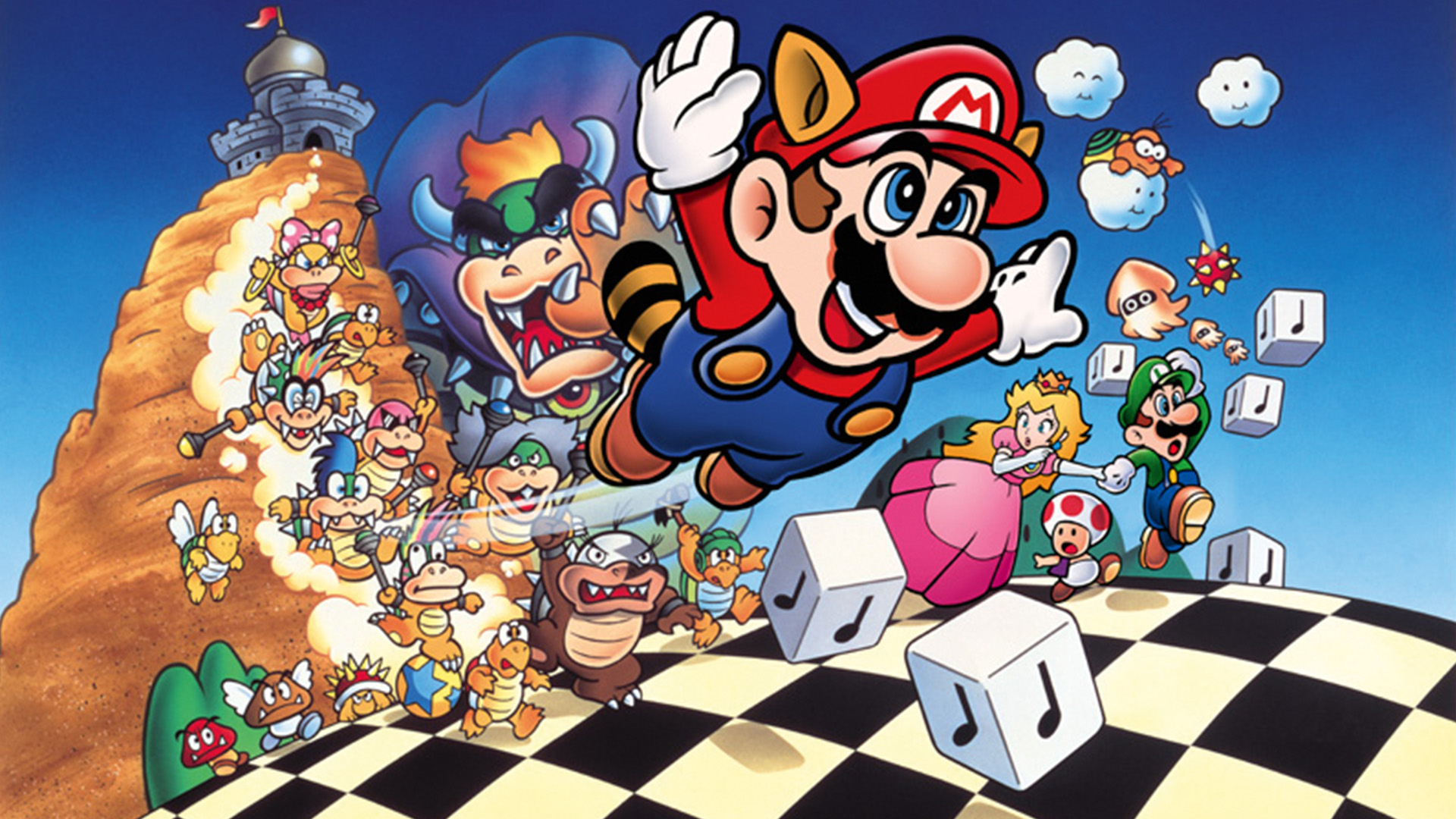 A crop of the Super Mario Bros 3 key art from Retro Gamer 252, showing Mario flying through the air as Boswer and the Koopalings chase him