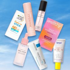 Boots products on a sky blue background