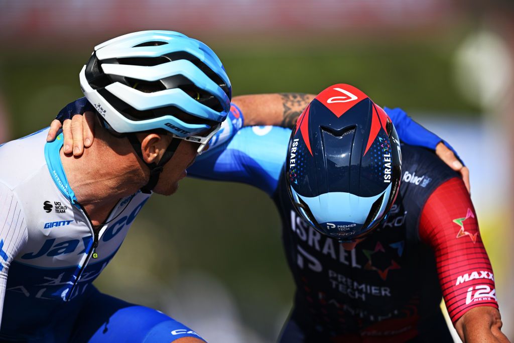 NAPLES ITALY MAY 11 LR Alessandro De Marchi of Italy and Team Jayco AlUla and Simon Clarke of Australia and Team Israel Premier Tech react after the 106th Giro dItalia 2023 Stage 6 a 162km stage from Naples to Naples UCIWT on May 11 2023 in Naples Italy Photo by Stuart FranklinGetty Images