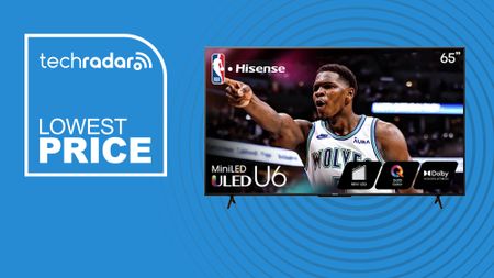 Hisense U6N lowest price deal image with NBA player on screen on blue background 