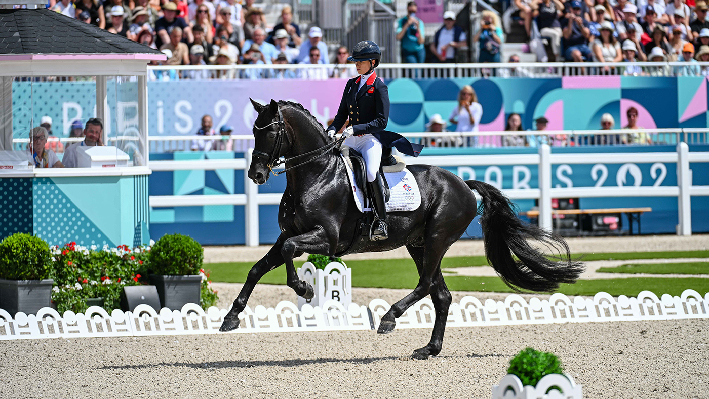 Lottie Fry and Glamourdale in extended canter during their freestyle test that won individual bronze at Paris 2024