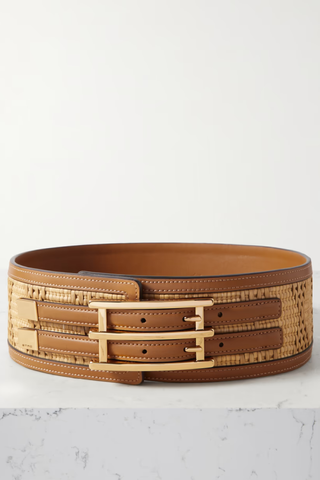 Leather-Trimmed Raffia Waist Belt