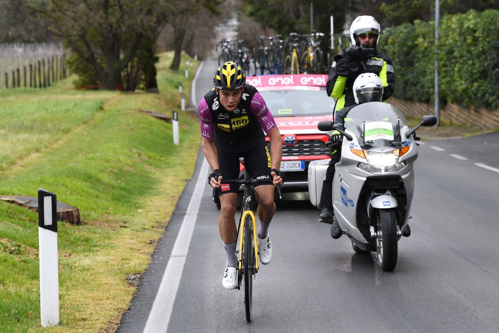 CASTELFIDARDO ITALY MARCH 14 Wout Van Aert of Belgium and Team Jumbo Visma Purple Sprint Jersey during the 56th TirrenoAdriatico 2021 Stage 5 a 205km stage from Castellalto to Castelfidardo 175m TirrenoAdriatico on March 14 2021 in Castelfidardo Italy Photo by Tim de WaeleGetty Images